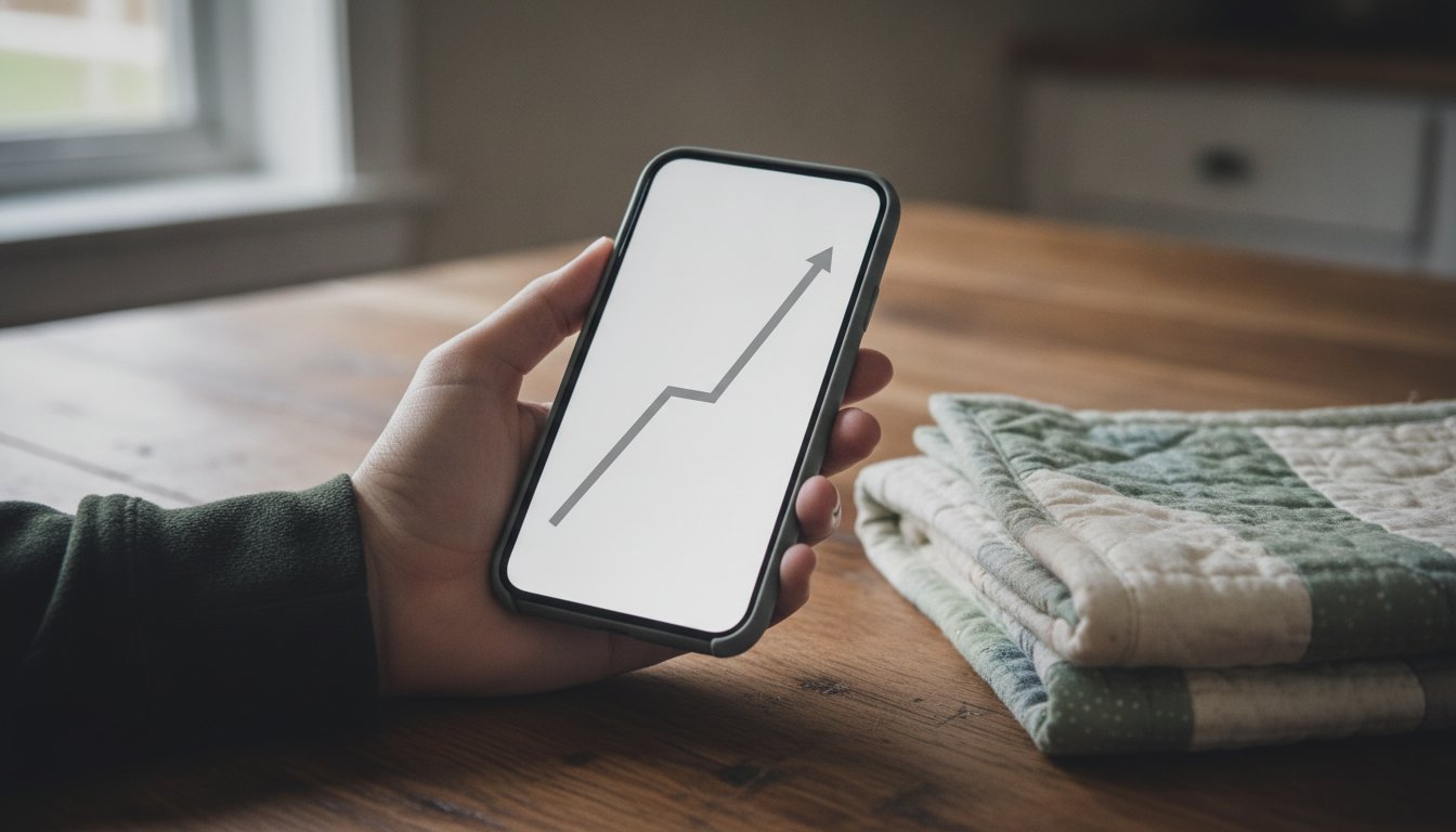 A hand holding a phone showing a line climbing upward beside a folded quilt, pricing a small town niche so Etsy's fees do not eat the margin