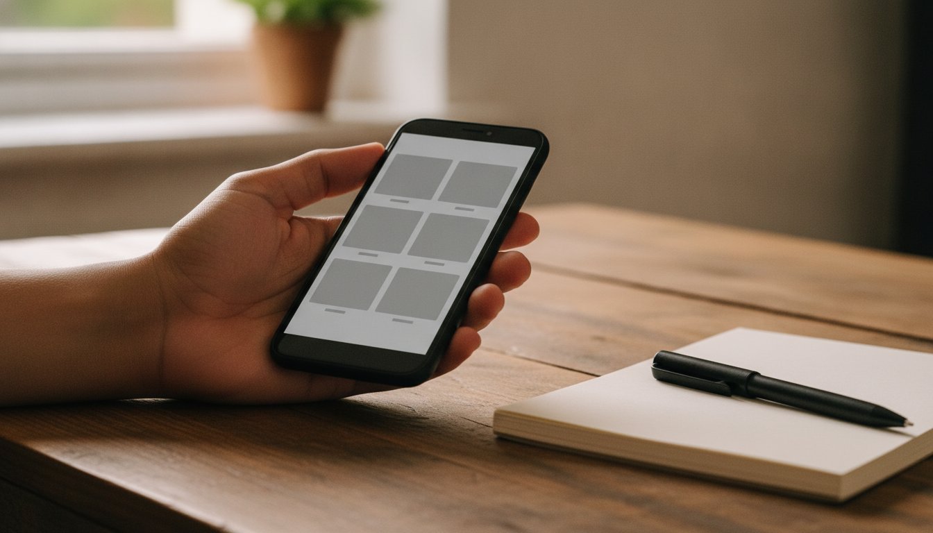 A hand holding a phone showing a grid of six listing tiles beside a notebook, researching what is actually selling before committing on Etsy