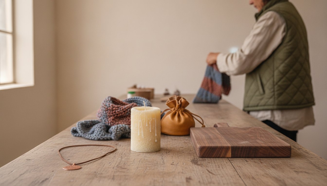 A wide table of handmade goods across categories, a candle, knitted item, leather pouch, wood board and jewelry, with a maker seen from behind, the variety behind what sells best on Etsy
