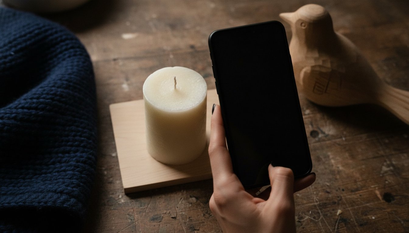 A hand photographing a finished handmade candle with a phone at a craft workbench, preparing a listing in one of Etsy's top selling categories