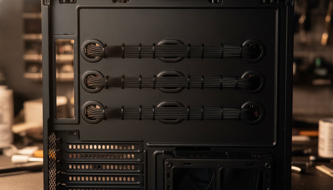 Power cables combed and tied behind a case's motherboard tray, the cable management a build fee covers