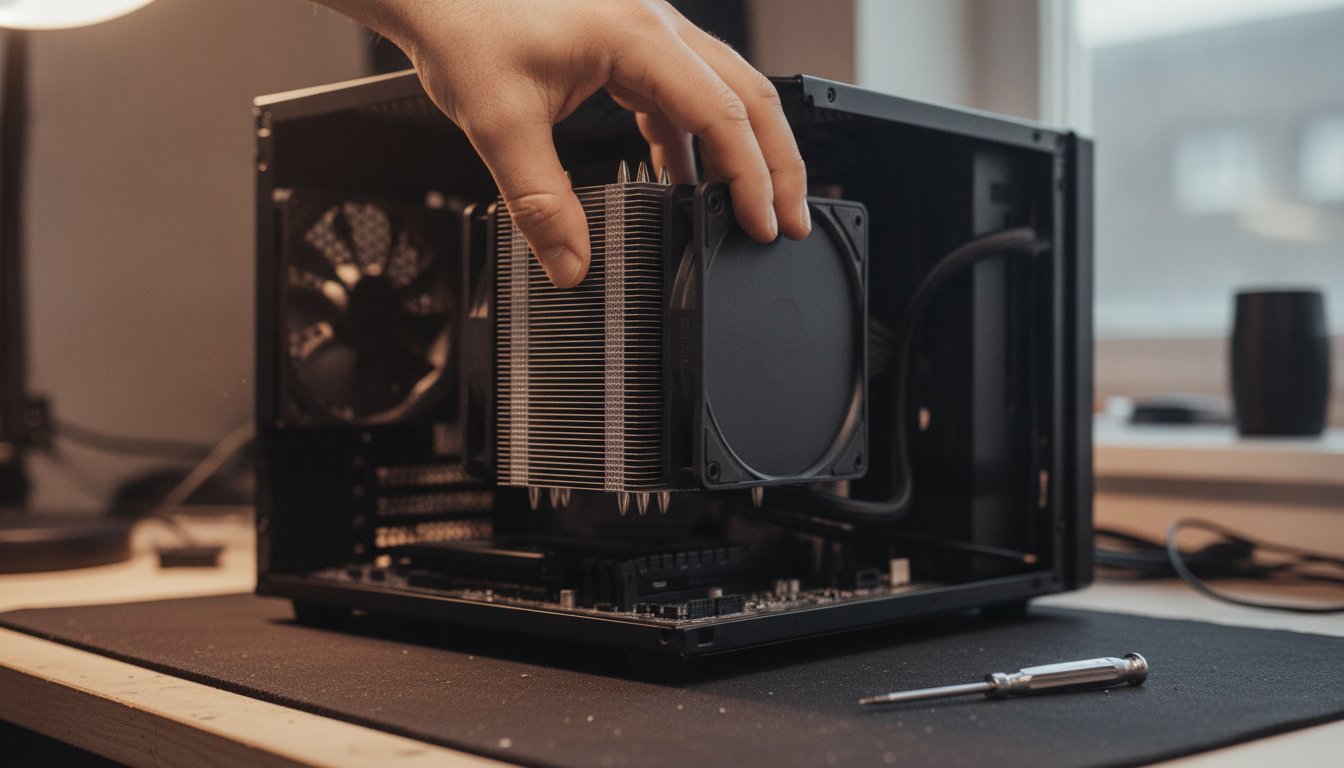 A bench technician lowering a tower cooler into an open PC case, the local shop alternative to big box build fees