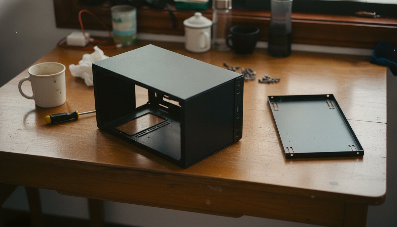 An empty PC case and one screwdriver on a kitchen table, the do it yourself alternative to a build fee