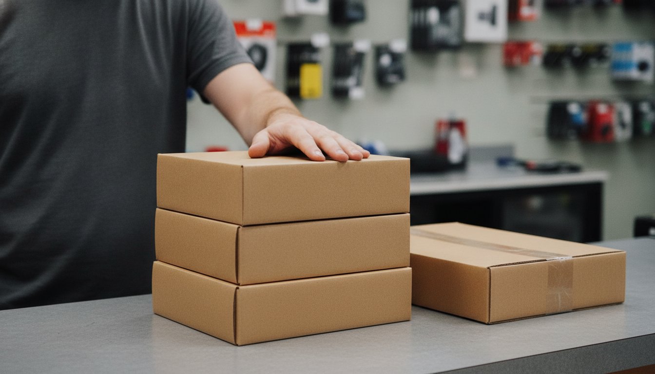 Boxed PC parts stacked on a shop service counter, dropped off to have a computer built
