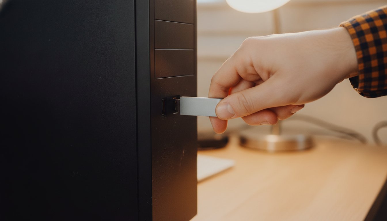 A USB drive going into a new build's port to install Windows
