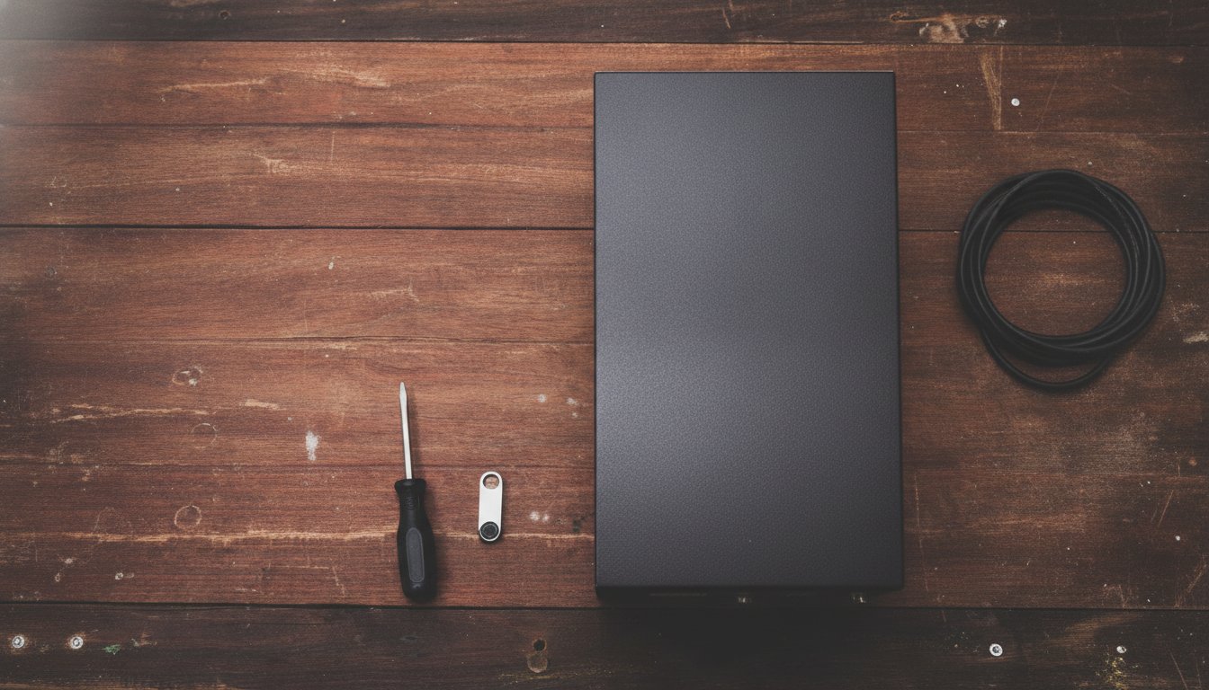 A newly finished PC lying on a workbench beside the tools used to build it