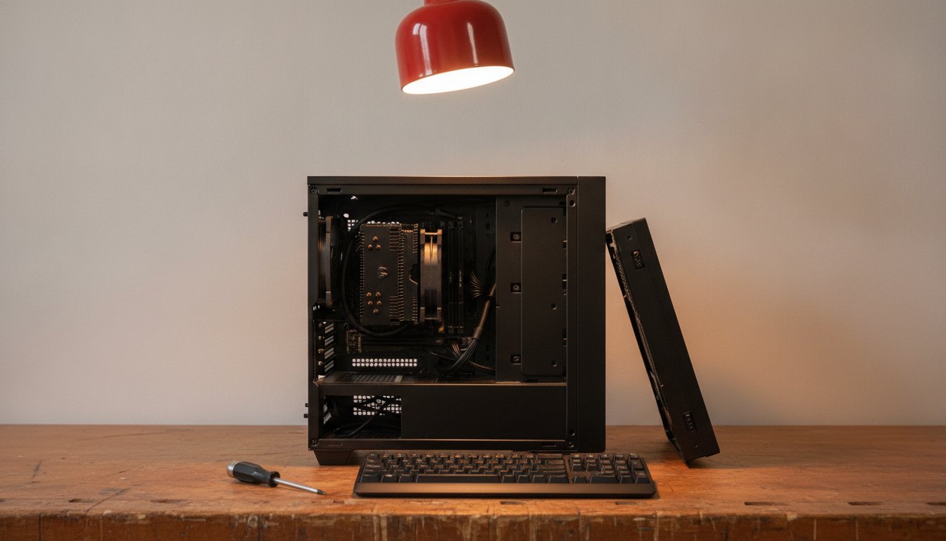 A freshly assembled PC open on the bench, ready for the first checks after building a PC