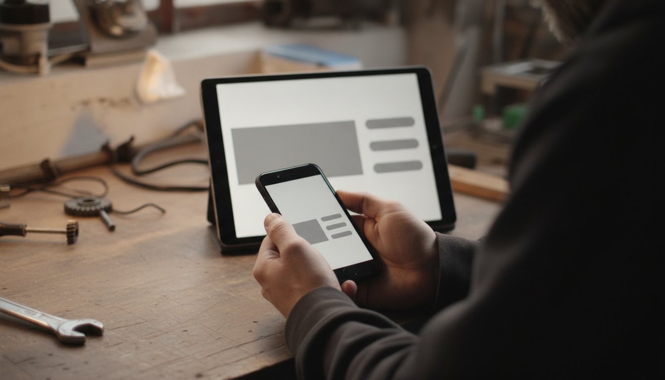 A phone and a tablet at a workbench showing the same website layout rearranged for a smaller screen, web graphic design holding up as the page resizes