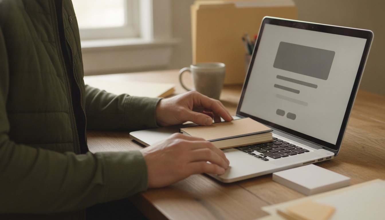 Hands pushing a closed sketchbook and a stack of blank note cards away from an open laptop showing a website layout, the add-on services that cost extra in a web design project