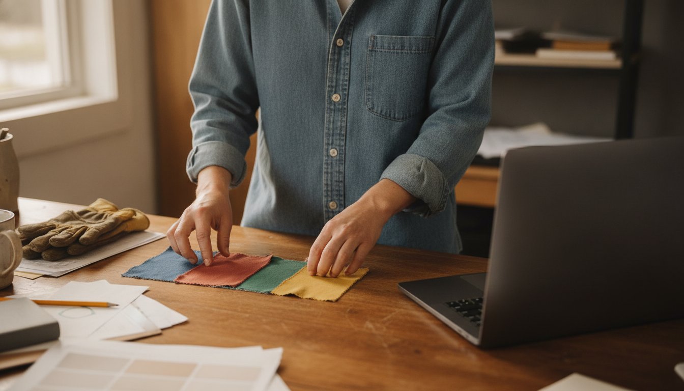 Hands arranging plain color fabric swatches on a farm office desk beside a closed laptop, deciding brand basics before the website gets built