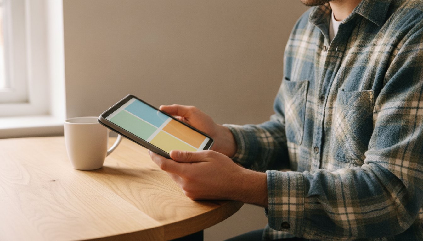 A hand holding a tablet showing a simple grid of colored template blocks at a kitchen table, the free tools that cover everyday graphics without paying a designer
