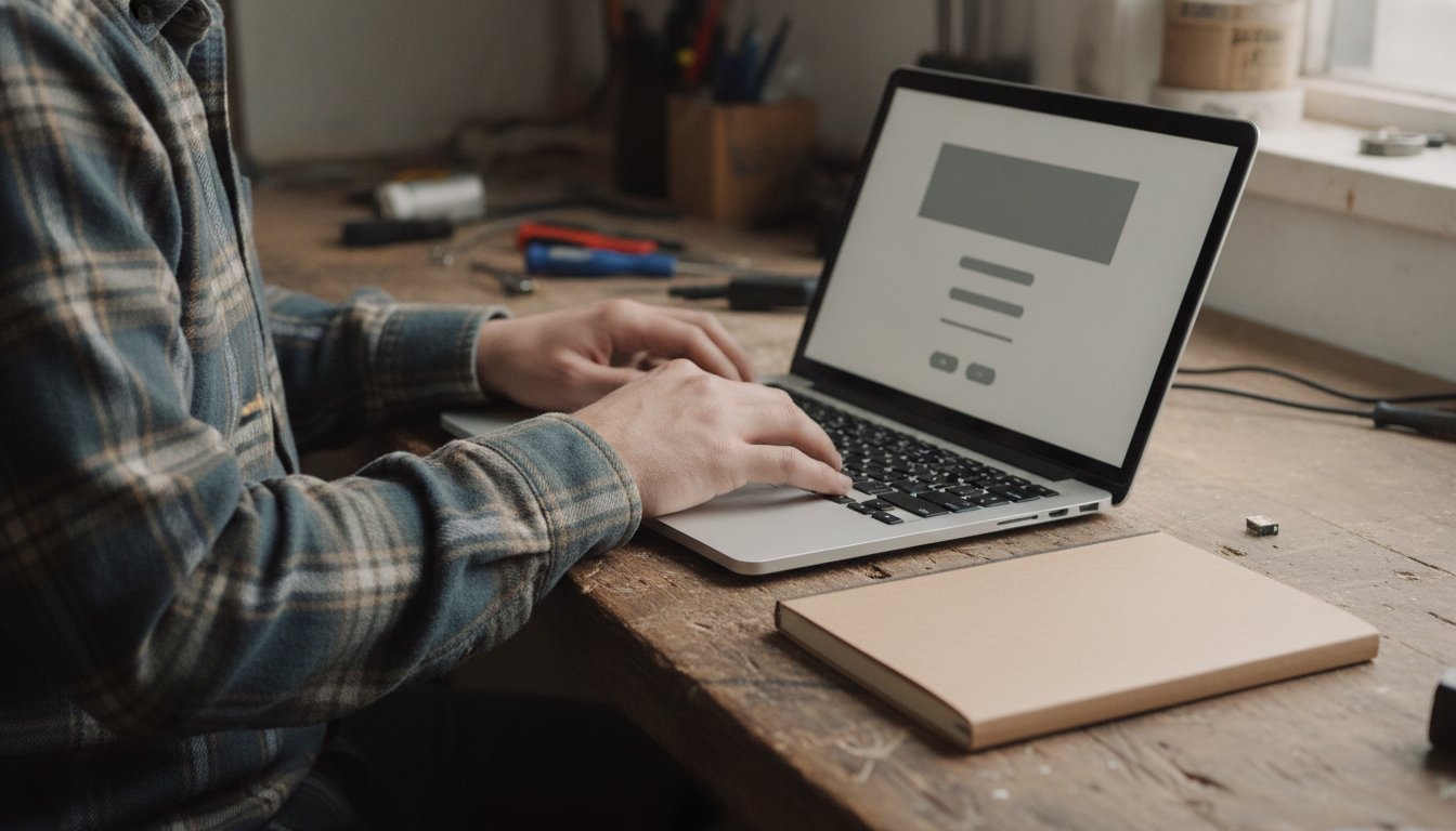 Hands typing on a laptop showing a website layout at a workbench beside a closed blank sketchbook, the line between web design and a separate logo or brand project