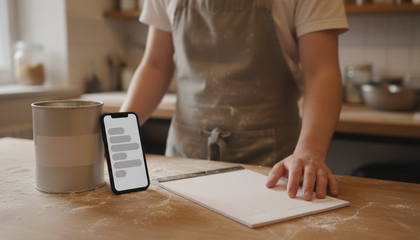 Bakery owner's phone propped on a floured counter showing an AI chat reply beside a blank order pad, using AI for customer communication