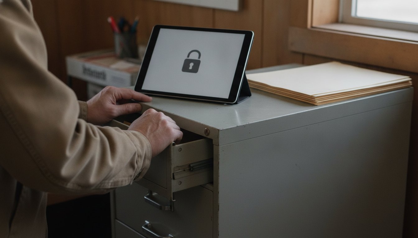 Farm office filing cabinet with a tablet showing a simple padlock icon, guarding confidential business data on a paid AI plan