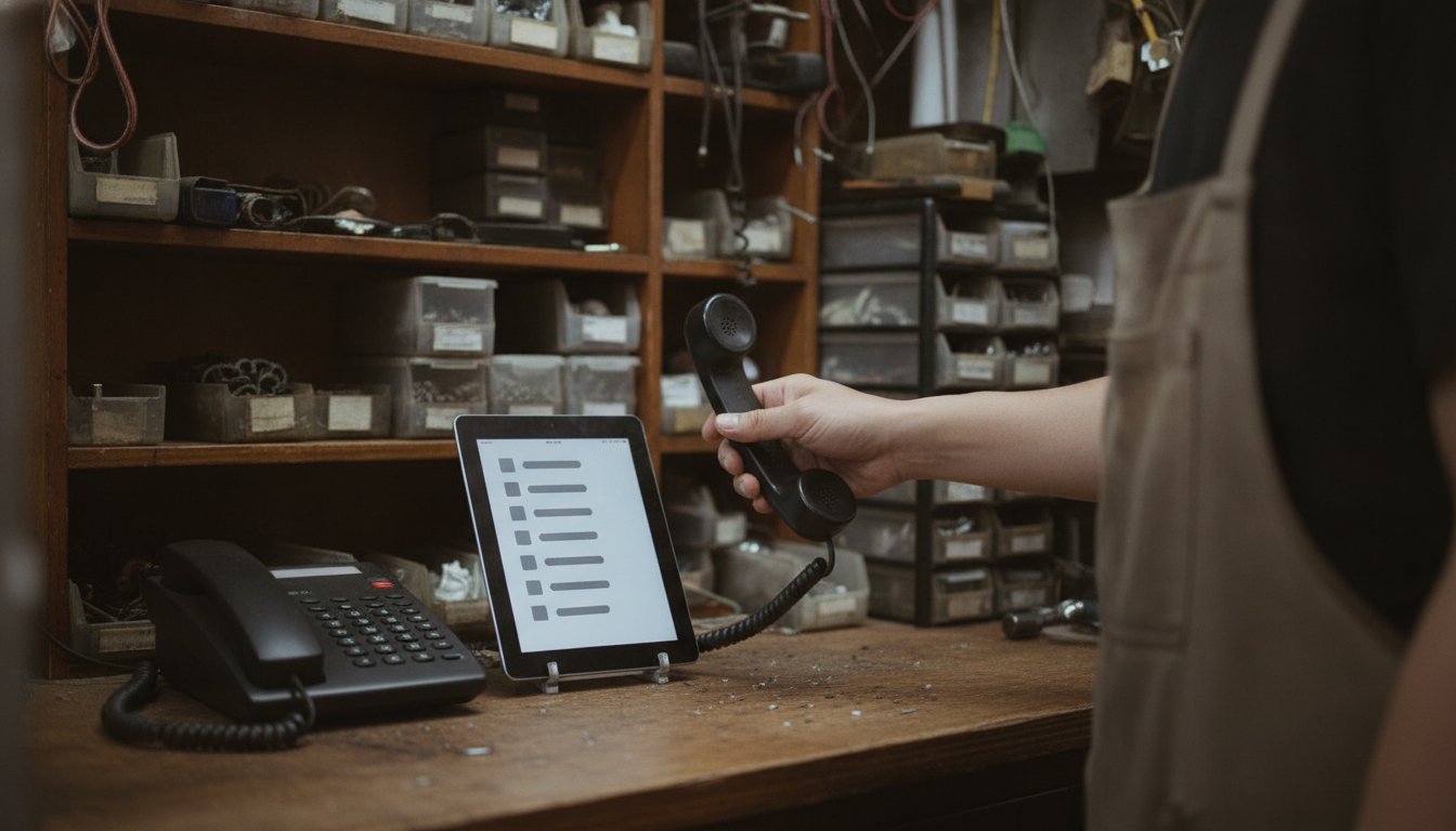 Repair shop counter with a corded desk phone and a tablet showing a call log, an AI phone service catching missed calls