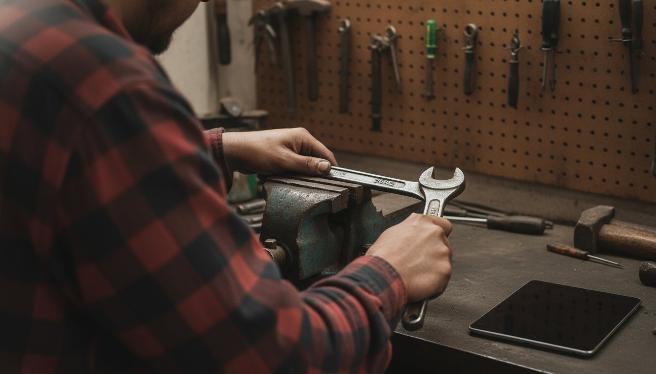 Repair shop owner hands-on with a wrench at the bench, tablet closed and unused, deciding this job needs no AI at all