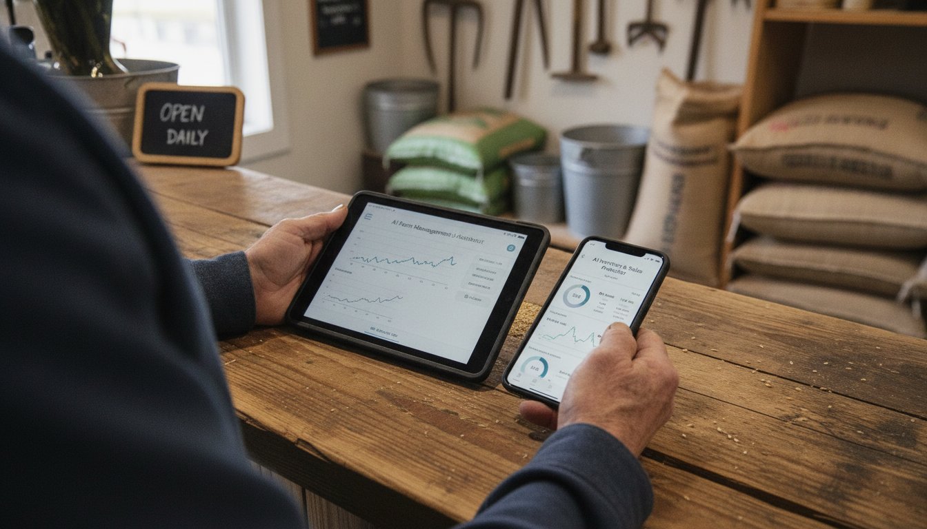 Hardware store owner at his counter with a tablet showing an AI chat conversation, weighing which AI assistant fits his shop