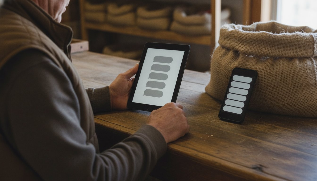 Weathered hands holding a tablet and phone side by side at a feed store counter, each showing a different AI chat layout, comparing assistants