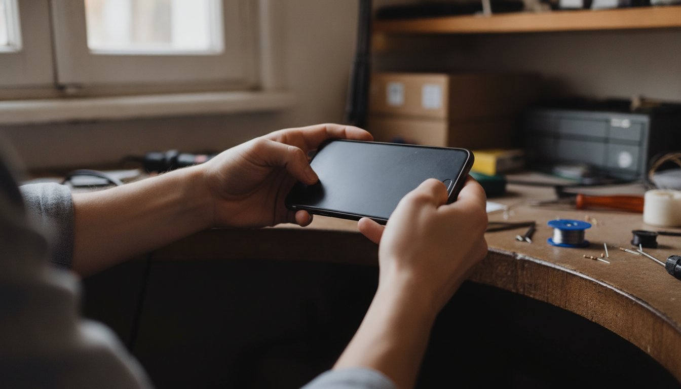 Hands holding up a phone recording a short how-to video at a repair bench, one of the many formats that count as content marketing