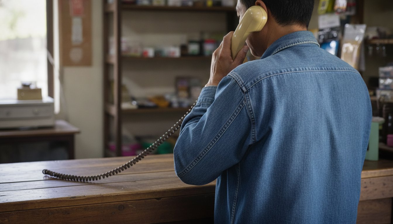 A hardware store owner answering a corded phone at the counter while a laptop with a simple article layout sits open beside him, the article backing up the call