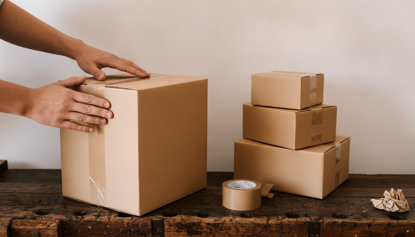 Hands taping a plain cardboard box closed on a packing bench with more orders stacked up, the real bottleneck when there is more work than time