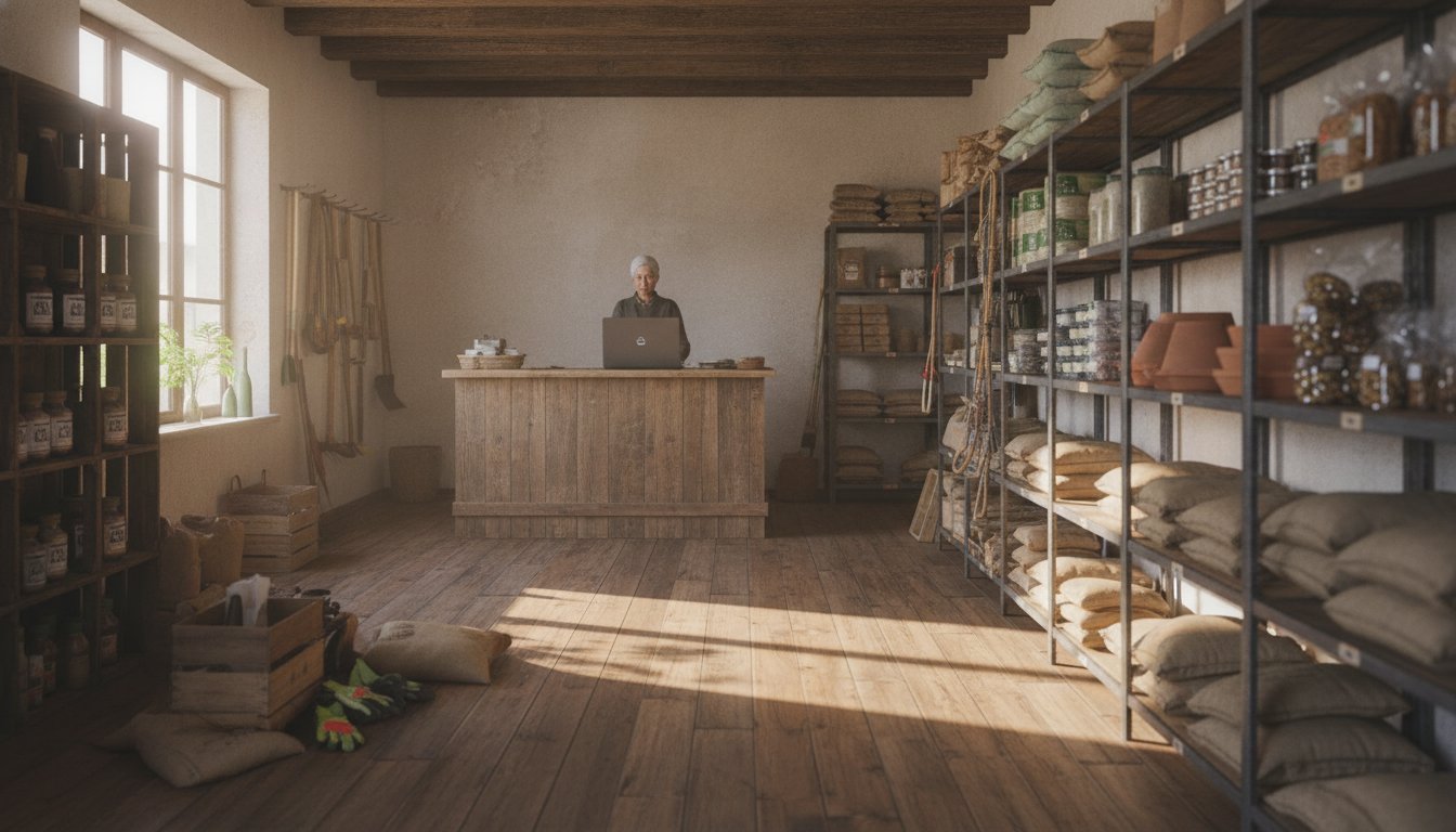 A small rural feed and hardware store interior, an owner at a back counter with a laptop, stocked shelving of goods rising to the rafters