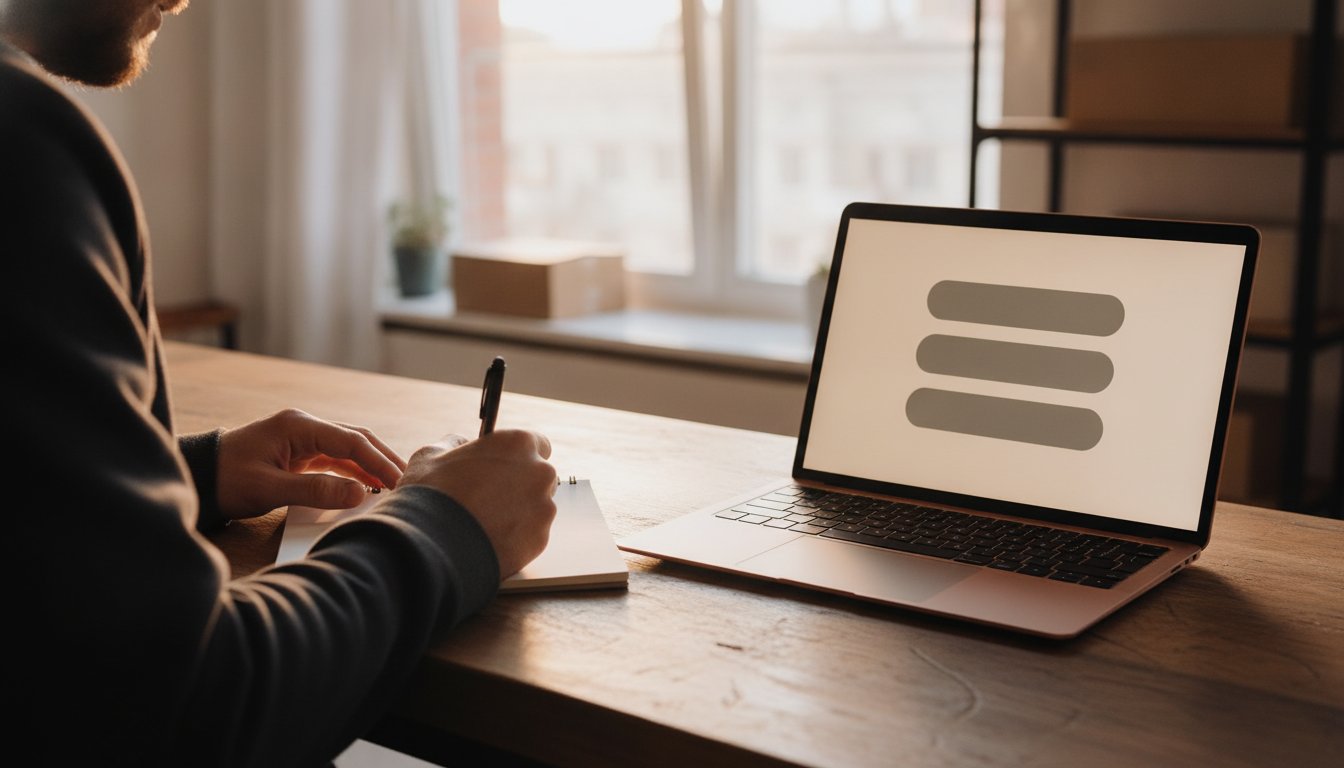 A shop owner writing notes in a notebook beside a laptop showing a simple grey article layout, the owned content that keeps working after it is published