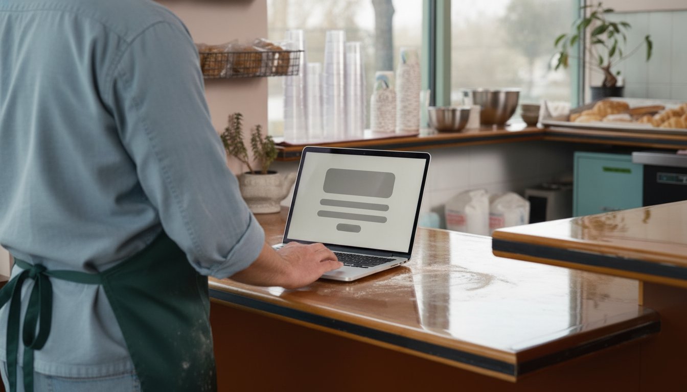 A bakery owner seen from behind checking a laptop showing a website layout with contact details near the bottom, representing first impressions and trust cues online