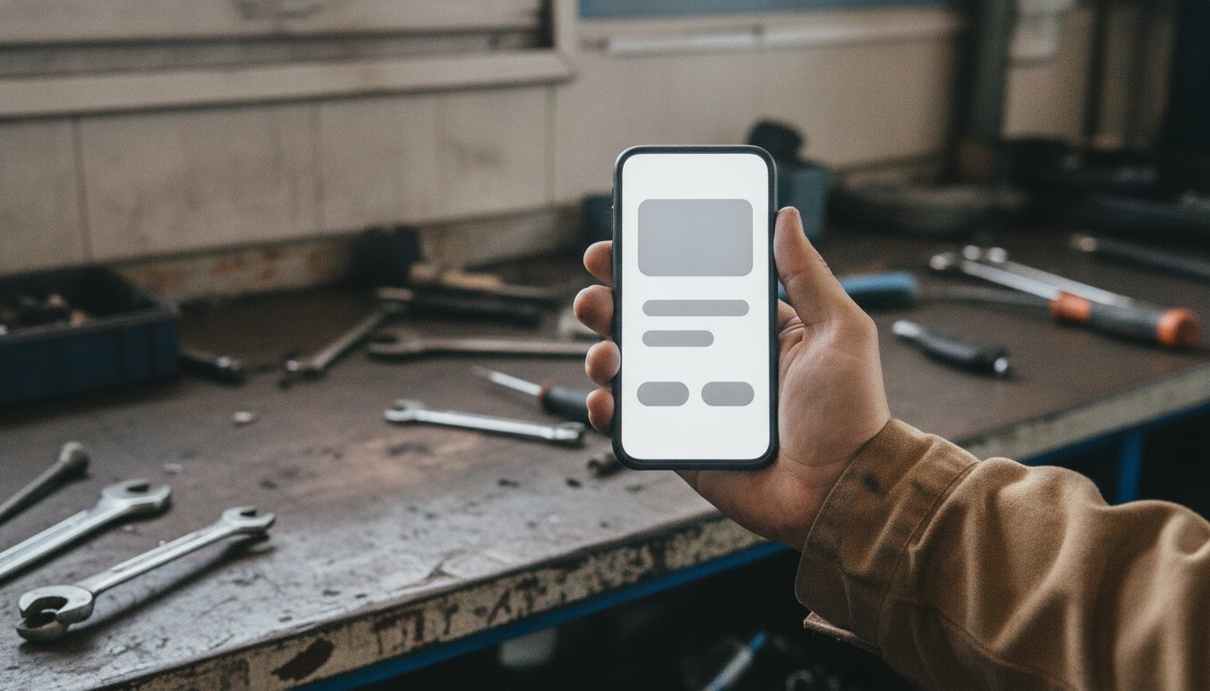 A hand holding a phone showing a website stacked for a small screen at a repair shop workbench, representing why mobile and responsive design come first