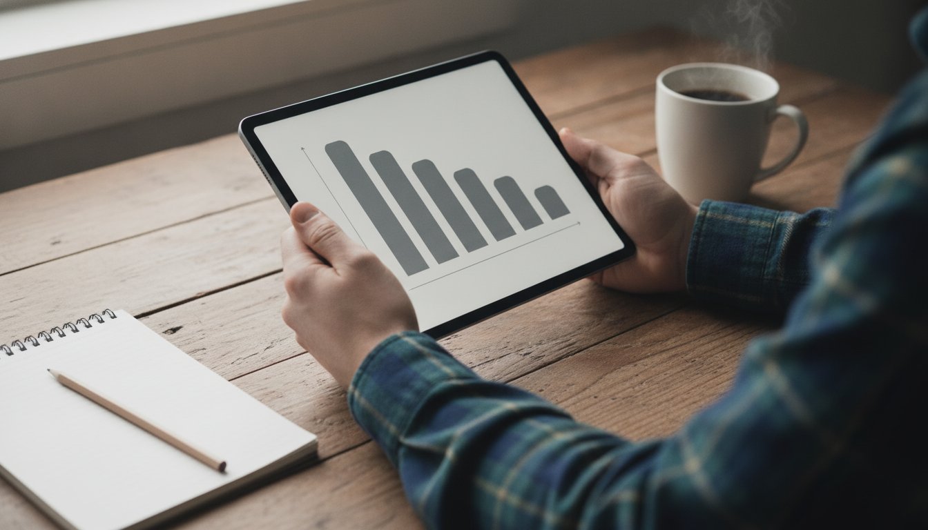 Hands holding a tablet showing a declining bar chart next to a notepad and coffee, representing the cost of a slow or dated website to a local shop