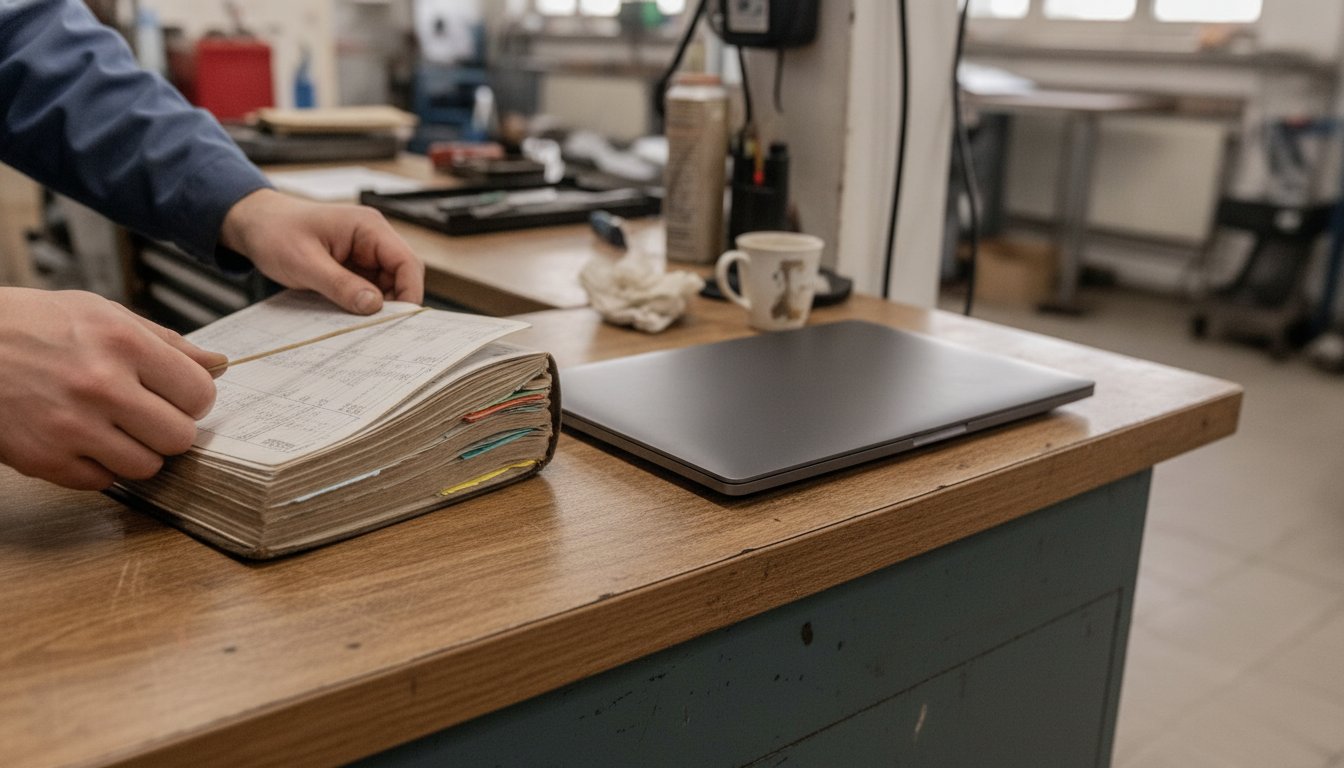 Hands closing a thick paper appointment book at a repair shop counter beside a closed laptop, representing a business too busy from referrals to need a new website