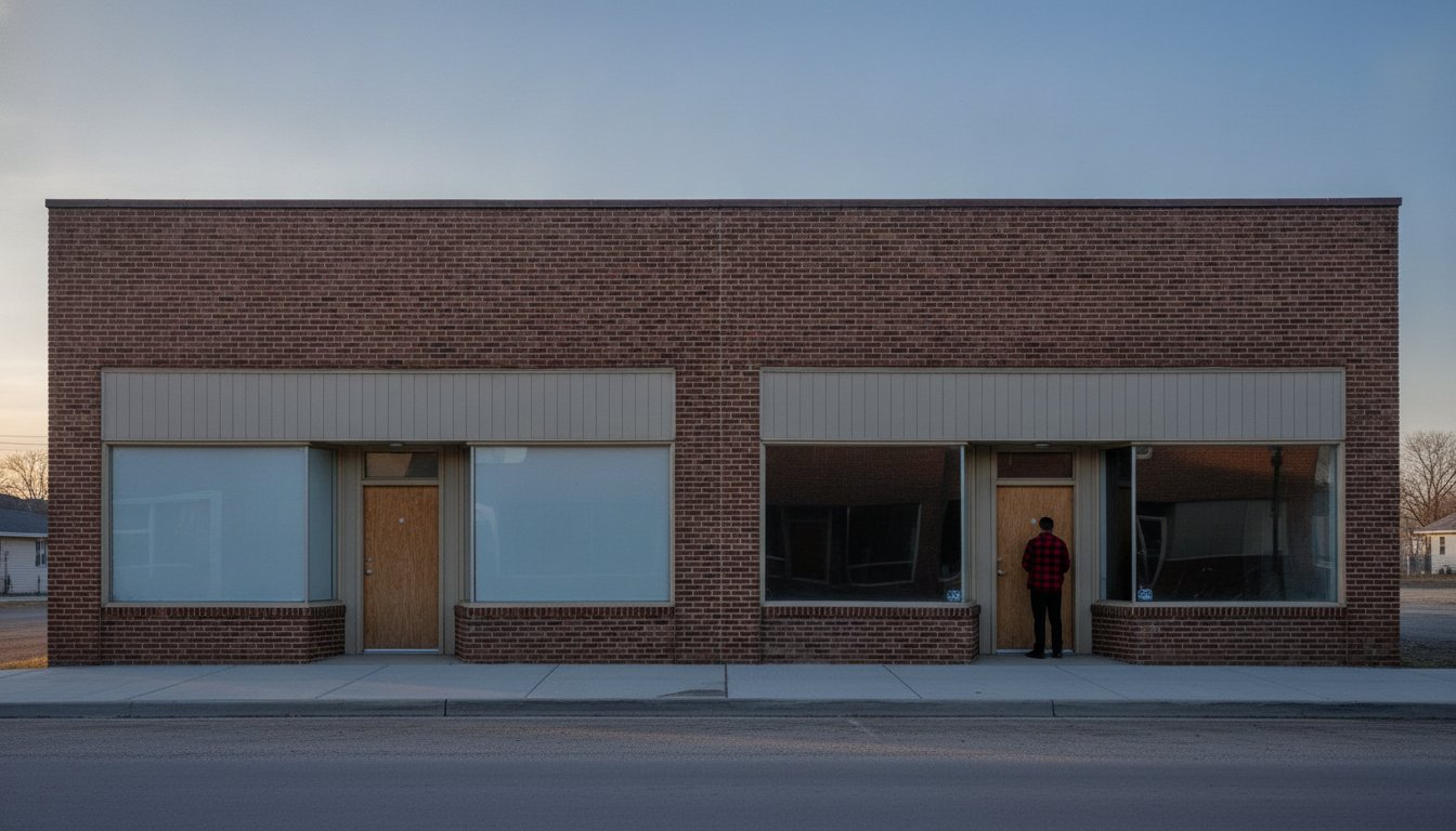 Two adjacent plain brick storefronts on a small-town main street at dusk, one with a shopkeeper in the doorway, representing the difference good and bad web design makes to foot traffic
