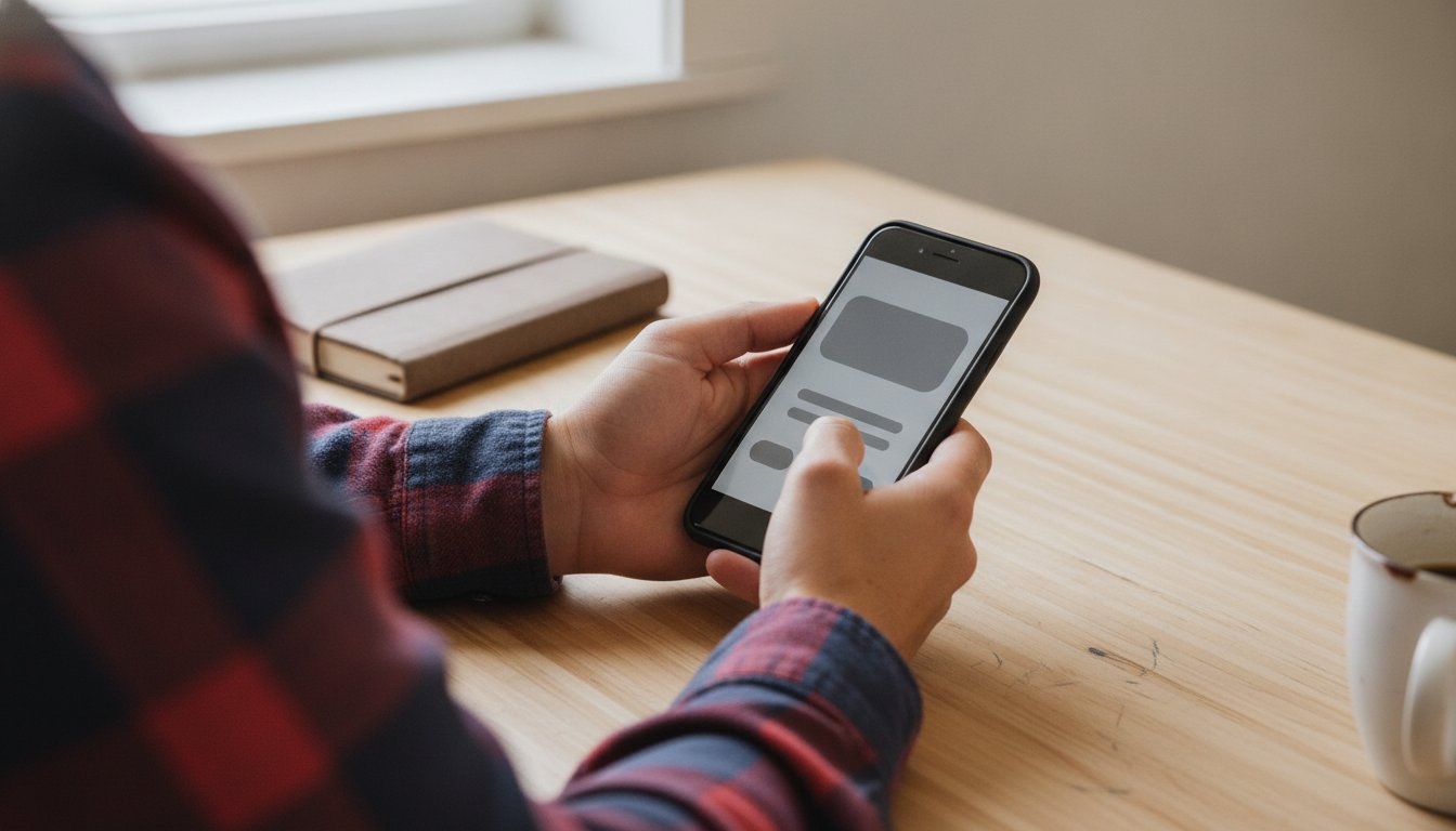 A hand holding a phone with a thumb poised over a website layout on screen, representing the split-second first impression that turns into a call