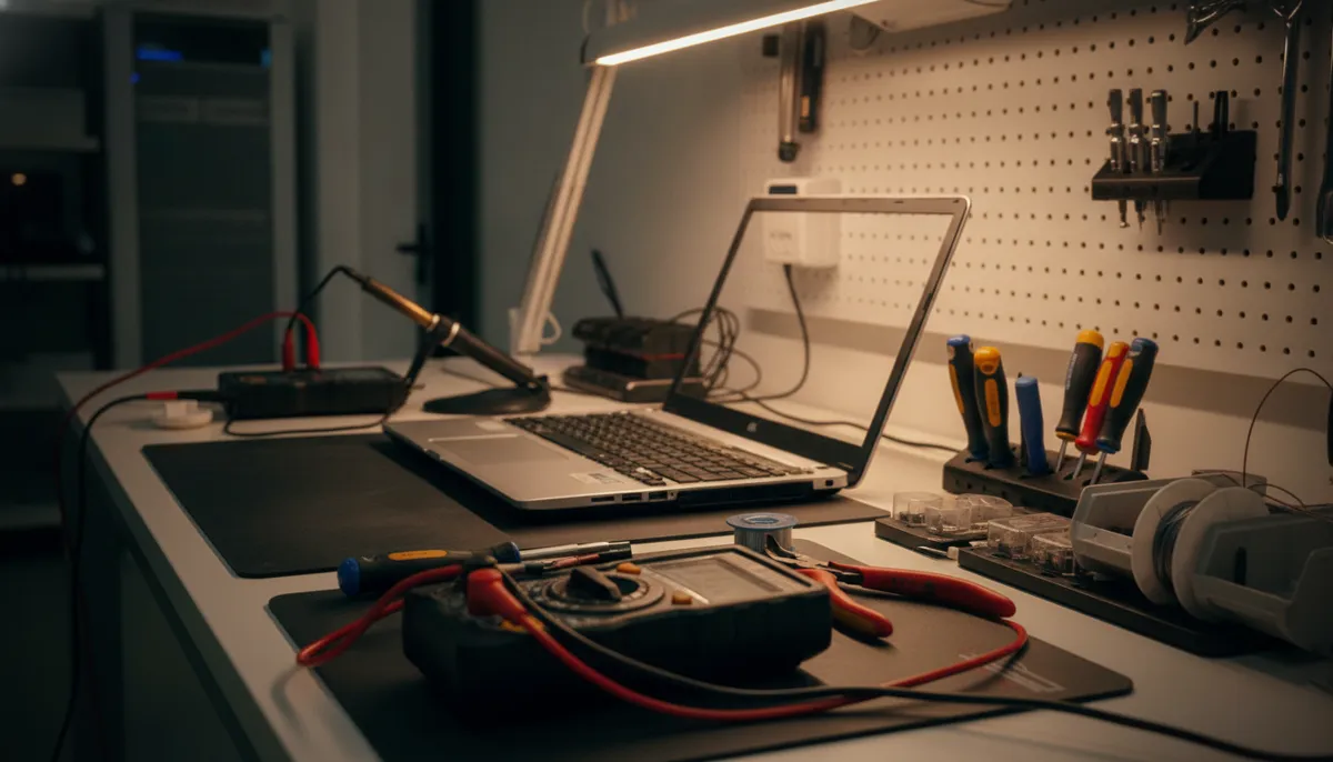 Tidy computer repair workbench with an open laptop