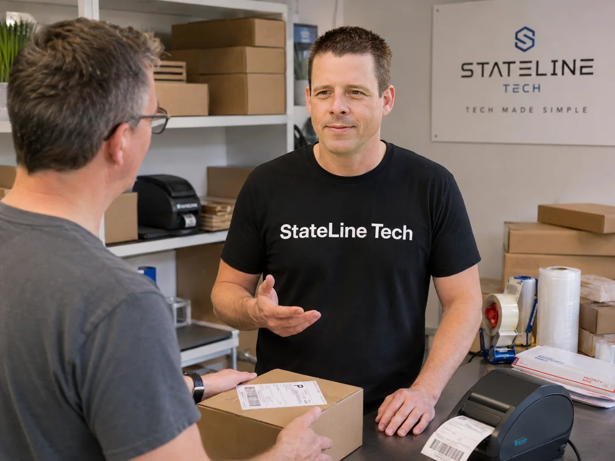 Mike of Stateline Tech at the ecommerce shipping counter