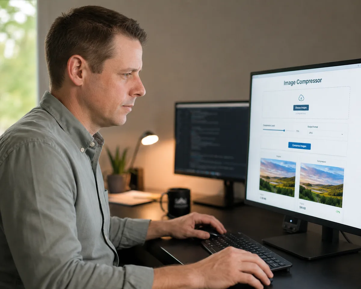 Mike Wiberg working at his desk in the Stateline Tech office in McConnell, Illinois