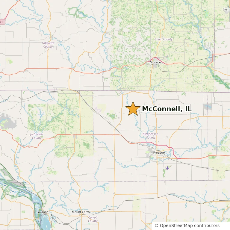 Map of the Illinois-Wisconsin stateline area with a star marking McConnell, IL
