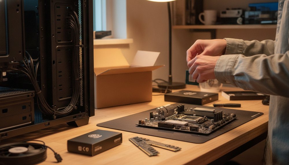 Custom PC build in progress with parts laid out